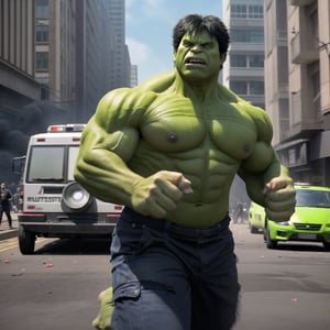 the angry incredible hulk using his powerful energy to pull the tank,realistic,riot street view with bustling atmophere, ambulance present every corner,explosion rock the city, ultra 8k detailed,master detailed,T-90M,Portrait