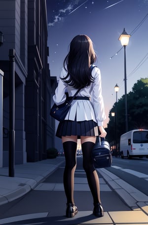 (fulldetail), (4k), 8k, long hair, multiple girls, skirt, shirt, black hair, hair ornament, long sleeves, dress, 2girls, school uniform, white shirt, pleated skirt, outdoors, sky, shoes, socks, black skirt, bag, from behind, two side up, tree, night, holding hands, backpack, building, sneakers, star \(sky\), night sky, scenery, starry sky, walking, shoulder bag, city, sign, road, lamppost, street, midjourney, perfect face, perfect body, ((perfect hands:1.3)), perfect legs