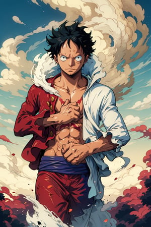 ((masterpiece, best quality)),luffy from one piece anime,gear fifth,cloudstick