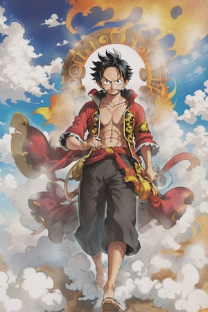 Luffy (one piece),  high resolution,  become Hashira
,mythical clouds,Beautiful Eyes,steampunk style