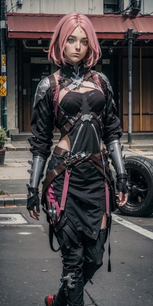 ((masterpiece, best quality)),urban techwear,KATARINA,ARMOR,pink_hair 