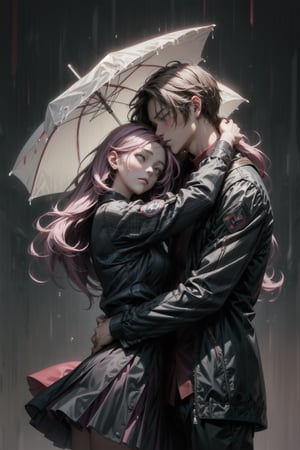 (masterpiece), lovers man and woman sad and hugging under a heavy rain