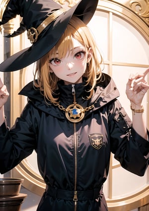 Red eyes, evil, golden, shiny, gold hair,High detailed ,midjourney,perfecteyes,Color magic,urban techwear,hmochako,better witch,witch, witch