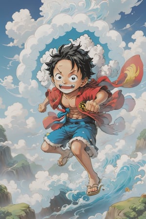 Luffy (one piece),  cute litttle boy,  high resloution,  become Hashira
,mythical clouds