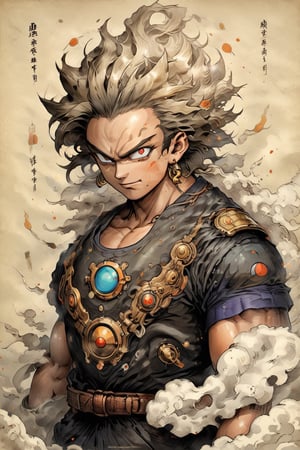 ((masterpiece, best quality))Trunks ((dragon ball anime)),sakaba,steampunk style,tshirt design,on parchment,mythical clouds