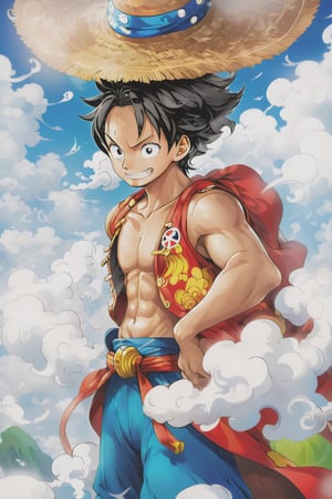 Luffy (one piece),  high resolution,  become Hashira
,mythical clouds,Beautiful Eyes