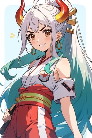 yamato, ahoge, aqua hair, (brown eyes:1.5), curled horns, earrings, green hair, grey hair, hair ornament, hair stick, high ponytail, horns, long hair, multicolored hair, multicolored horns, oni, red horns, shimenawa, sidelocks, v-shaped eyebrows, very long hair, 