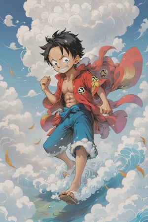 Luffy (one piece),  cute litttle boy,  high resloution,  become Hashira
,mythical clouds