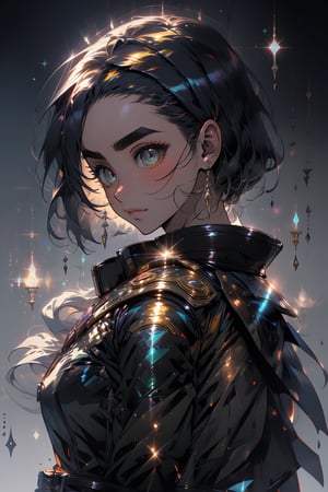 ((masterpiece, best quality)) Dragon ball Z, Black Leather Armor, Dagger, by artist "MAPPA", Anime, Manga, Highly Detailed, Beautiful Composition, Deep Color, Intricate, Sharp, Clear, 16k Resolution, Incredible Lighting, Multilayered Eyes, Sharp Eyebrows,glitter,shiny,Kaoru Niimi 