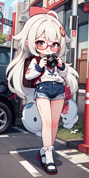 (close up camera), high quality, teenager with very long hair, masterpiece, white skin, Slim body, 1girl, backpack, underage, backround, japan street, cars, cartoon, intricate details, hyperdetailed, lightroom, rich colors, More Detail, looking_at_viewer, skirt, pitbull glasses, paimondef