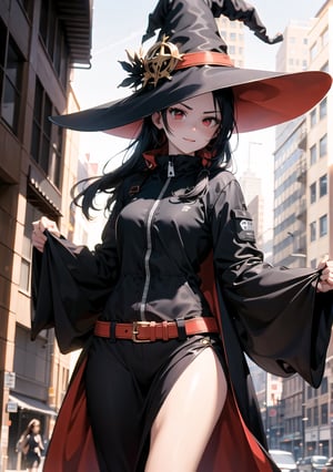 Red eyes, evil, golden, shiny, black hair,High detailed ,midjourney,perfecteyes,Color magic,urban techwear,hmochako,better witch,witch, witch