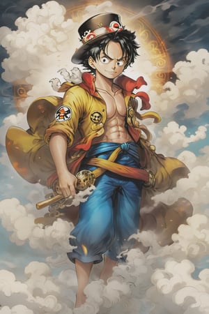 Luffy (one piece),  high resolution,  become Hashira
,mythical clouds,Beautiful Eyes,steampunk style,Dark_Fantasy_Style