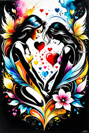 Charcoal drawing, A stunning 3D watercolor painting featuring a vibrant and glowing scene of two intertwined hearts. The hearts are surrounded by a cascade of vivid watercolor splashes, with glowing jewels and flowers adding to the radiant atmosphere. The overall composition exudes a sense of love, passion, and enchantment, as if captured in a magical moment of pure emotion., vibrant
painting in the style of artists such as Russ Mills, Sakimichan, Vlop, Leush, Artgerm, Darek Zabrocki and Jean-Baptiste Monge,colored pencils, black pencil drawing,women,colored crayons