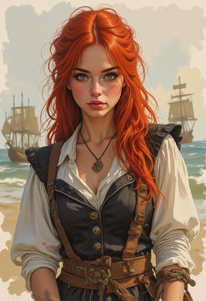 watercolor, wet on wet, paintstreaks, watercolor painting, illustration, Cinematic style
fantasy, medieval, pirate, wild, FEmale, HANDSOME, red hair