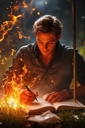 Midjourney style, illustration, Cinematic style, high fidelity, realism, chiaroscuro, play of shadow and light,
a 25 year old man writing his score on a golf scorecard while the scorecard is on fire with flames all around him,