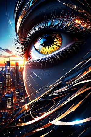 Midjourney, MJ, Midjourney style, poster, manga, anime,
stunning image of a woman's eye, fused with an abstract, vibrant city silhouette at night, with city lights sparkling on high-rise skyscrapers and bustling streets; iris dilated. The eye is surrounded by a strong white void that creates a striking contrast and adds depth and intensity to the overall picture, hyperrealistic, digital, structured, surreal, gloomy and mysterious.