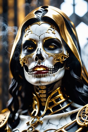 close up ultra detailed marble and gold sculpture of a female necromancer, (skeleton face), volumetric fog, hyperrealism, breathtaking, ultra realistic, ultra detailed, cyber background, cinematic lighting, highly detailed, breathtaking, photography, stunning environment, wide-angle,women