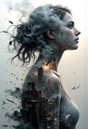 Illustration, horror show, mythp0rt, aidmaMJ6.1, Abstract Lighting Effects, 
A powerful double exposure illustration featuring the outline of a woman. Through her silhouette, a sprawling, smoky, post-apocalyptic cityscape emerges, blending seamlessly into her form. The city is detailed with crumbling buildings, smoky skies, and a haze that creates a sense of mystery and depth. The woman's outline is softly defined, and her posture suggests contemplation and resilience, as if she embodies the spirit of the city within. The image has a cinematic feel, with high contrast and dramatic lighting that highlights the textures and shadows of both the woman and the cityscape within her. Moody and evocative, capturing themes of strength and survival.  