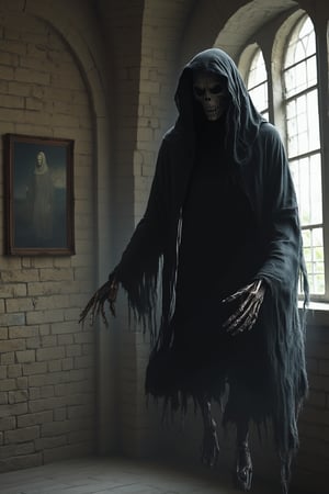 Midjourney style, Cinematic style, High quality, Realism, Chiaroscuro, Film still, 
The image shows a ghostly, hooded figure floating in an old, stone-walled room with large, arched windows. The figure is cloaked in tattered, black robes, with skeletal hands emerging from the sleeves. The face is shrouded in darkness, giving it a menacing and mysterious appearance. The background features stone brick walls and a window offering a view of a landscape outside. A painting of a similar ghostly figure hangs on the wall to the left, adding to the eerie atmosphere of the scene.


