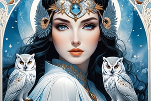 Midjourney, MJ, Midjourney style, poster, light background, close up, images of woman with owls, ethereal beauty style, porcelain, dark white and light azure, Clifford's coffin, northern revival, white and amber, wiccan, manga, anime