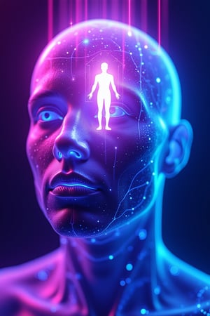 Cinematic, Beauty, Realism, Light and Shadow, Cinematography, Film Stills, "A futuristic digital portrait of a human face with a glowing, translucent head. Inside the head, a smaller, radiant humanoid figure is floating, symbolizing consciousness or a higher self. The image is illuminated by vibrant neon lights in shades of purple, blue, and pink, creating an ethereal, otherworldly atmosphere. The overall style is a blend of sci-fi and surrealism, with a focus on high-definition digital art, intricate details, and a glowing aura."
