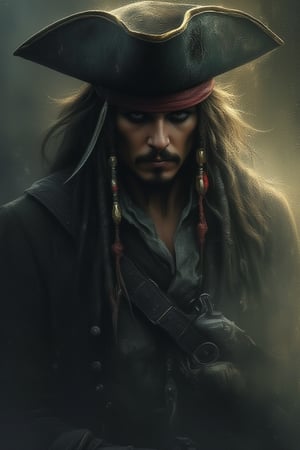 Midjourney style, illustration, Cinematic style, high fidelity, realism, chiaroscuro, play of shadow and light,
ghostly pirate, Jack Sparrow expressionism,