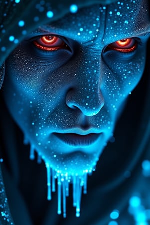 Beauty, realism, cinematography, chiaroscuro, rays of light, play of shadow and light, cinematic quality, drawing with dry chalk, Pastel, Cinematic style, 
A symmetric portrait of a male, evil frozen necromancer, features dissolving into frozen magic thin, luminescent blue lines. Weighted Voronoi stippling and laser caustics create a network, transitioning from hyperrealistic detail to abstract, quantum-inspired forms. Ethereal hues blend, evoking existential transition and mystery. Close-up on face, evil skull partially visible. Set against a twilight arctic backdrop, icy winds ripple through his tattered robes. Rendered in a fusion of photorealism and digital surrealism, the scene is illuminated by ghostly Northern Lights. Emphasis on cold, menacing atmosphere, invoking Nordic myths