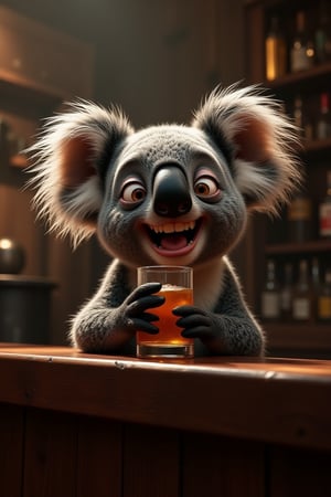 funny animals, Midjourney style, Photorealism, Cinematic style, high fidelity, realism, chiaroscuro, play of shadow and light, rays of light.
ArsMJStyle, a koala in a bar, bar background, indoors, sitting at counter, only upper body visible, looking at viewer, laughing, paw on counter, holding glass of whiskey.