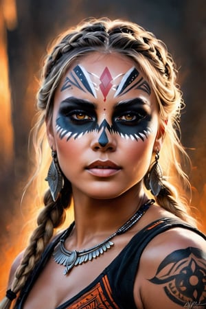 #Pastel, #drawing with dry chalk, Close-up portrait of a fierce warrior woman with intricate black tribal face paint. Her intense gaze is highlighted by the warm glow of a setting sun, creating dramatic shadows and light effects. She has long, braided blonde hair, and her expression exudes strength and determination. The background is blurred, emphasizing her face and the details of the face paint. The overall atmosphere is powerful and evocative, capturing the essence of a fearless fighter.