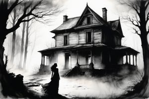 Charcoal drawing, crayons, black pencil drawing, pencil drawing, black and white drawing, graphite drawing, Poster “Twilight was falling, and the girl stood at the edge of the forest, looking at an old abandoned house, shrouded in a mysterious fog. Her dress fluttered slightly in the wind, and the light from behind the clouds, her figure was softly illuminated, creating a black silhouette of her figure, creating an atmosphere of anticipation and anxiety. Dark shadows were hiding in the distance among the trees, adding a feeling of the unknown and mystical waiting for her in this forgotten place. What secrets does this house hide?
painting in the style of artists such as Russ Mills, Sakimichan, Vlop, Leush, Artgerm, Darek Zabrocki and Jean-Baptiste Monge,