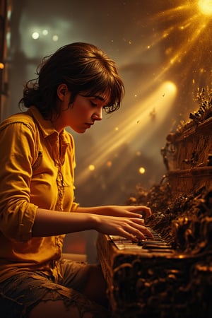 Midjourney style, illustration, Cinematic style, high fidelity, realism, chiaroscuro, play of shadow and light, rays of light
yellow shirt, a taller dusty upright piano, children story illustration, warm, no music book