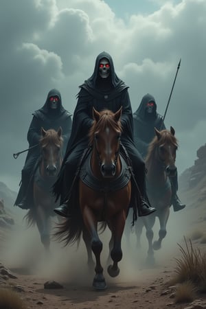 Beauty, realism, chiaroscuro, cinematic quality, play of shadow and light, Pastel, drawing with dry chalk, 
Epic scene, "Three dark, menacing figures ride on horseback through a misty, desolate landscape. The central figure wears a tattered black cloak, with glowing red eyes peering from beneath a shadowy hood. The skeletal face is partially obscured, adding to the eerie and ominous atmosphere. The horses are powerful and covered in dark armor, kicking up dust as they gallop forward. The sky is overcast with thick, rolling clouds, casting a gloomy and apocalyptic mood over the scene. The overall style is dark fantasy, with elements of horror and medieval themes."