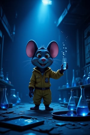 illustration, cartoon, anime, manga, drawing, 
Stylish blue glass text at the top of the frame: "LoRA for FLUX", in Disney style, happy mouse Remy from the cartoon "Ratatouille" in a hazmat suit in a dark basement. In one paw he holds a test tube with blue liquid, and in the other - a shard of blue glass. Flasks and chemical devices are everywhere on the tables. There is also a tray with blue glass. There is steam in the air through which the light shines, lighting tricks, cinematic lighting, very detailed


 

  