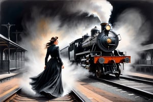 A dramatic black and white scene of an old railway station with an old steam locomotive approaching. A distressed woman in a Victorian dress falls onto the tracks, creating a sense of urgency and danger. The atmosphere is tense, with a sharp contrast between the woman's dark attire and the surrounding environment, capturing a historical and emotional moment.,Pastel, drawing with dry chalk