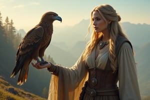 Midjourney, Midjourney style, Super HD, hyperquality, hyper-realistic, 
A captivating scene featuring a young woman with an eagle perched on her arm. The woman stands gracefully, dressed in rustic yet elegant attire that suggests a connection with nature. The eagle, majestic and powerful, sits calmly on her outstretched arm, its sharp eyes and detailed feathers depicted with precision. The background shows a serene natural setting, perhaps a forest or a mountainside, with the soft light of dawn or dusk adding a magical quality to the scene. The bond between the woman and the eagle is evident, evoking a sense of harmony and strength.