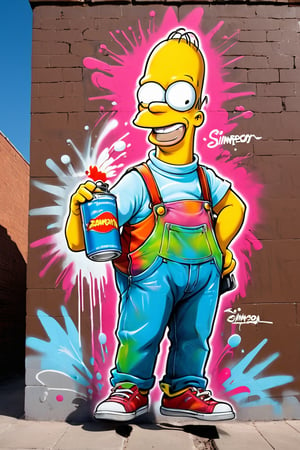 Graffiti, pastel. A vibrant street mural on a brick wall featuring a cartoonish, mischievous Simpson. Simpson is holding a can of paint and spraying it. Simpson has an exaggerated, joyful expression and is smiling widely. The background is a mix of graffiti-style elements and splashes of color, highlighting the atmosphere of urban street art.