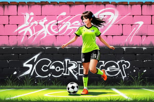 graffiti, pastel, graffiti on brick wall, spray paint on wall, color graffiti, street art, score_9, score_8_up, score_7_up, score_6_up, score_5_up, score_4_up, original anime, action shot, play soccer, motion lines, 1girl, soccer ball, sportswear, soccer uniform, full body, happy, line drawing, action effect, hotel transylvania, thin waist, skinny, grass field background, drawing with dry chalk,Charcoal drawing,Pastel