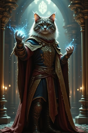 Beauty, realism, cinematography, chiaroscuro, rays of light, play of shadow and light, cinematic quality, Cinematic style, 
"A majestic cat in a fantasy medieval setting, dressed as a powerful wizard with ornate robes and intricate armor. The cat stands tall, casting a spell with one paw extended, surrounded by glowing magical particles. The scene is set in a grand, ancient cathedral-like environment with gothic architecture, rich in detail and illuminated by a mystical light. The atmosphere is epic and cinematic, capturing the essence of a fantasy world where animals are powerful sorcerers."

