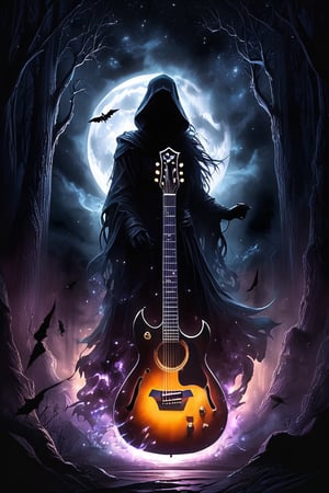 Midjourney, MJ, Midjourney style, poster, manga, anime, 
A mesmerizing dark fantasy illustration captures the essence of a hauntingly beautiful guitar, its silhouette starkly highlighted against an inky black background. The edge of the guitar is bathed in a chilling supernatural light, emanating from an enigmatic, otherworldly source. This eerie illumination creates a haunting ambiance, with the contrast between light and dark areas amplifying the captivating atmosphere. The ethereal glow and mysterious aura of the scene transport the viewer into a realm of fantasy and wonder, making this captivating illustration a true masterpiece of dark fantasy art. The intricate details and enchanting ambiance are sure to leave a lasting impression on all who behold it., dark fantasy 