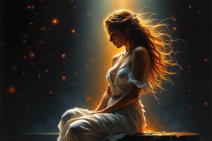 Beauty, realism, cinematography, chiaroscuro, rays of light, play of shadow and light, cinematic quality, drawing with dry chalk, Pastel, Cinematic style, 
Portrait of a beautiful young woman with long, a woman, art style, Xarta, female silhouette, perfect anatomy,bioluminescent, glowing body,