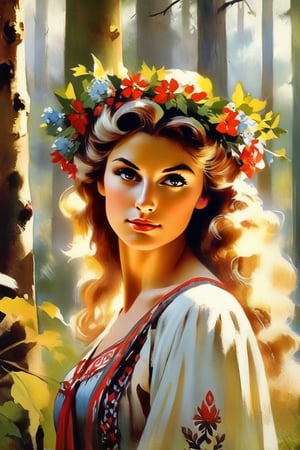 Vintage poster of a beautiful Slavic woman’s face in traditional slavic costume, flower crown, dancing in the forest, realistic style, concept art, Gabriele Dell'otto, Style AI Midjourney,