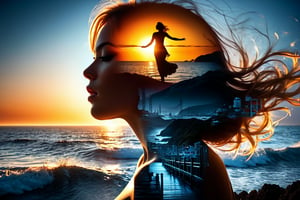 double exposure, lMidjourney, MJ, Midjourney style, double exposure,  merging, blending, ovely double exposure image, Double Exposure style, An exceptional 8K Ultra HD masterpiece by Yukisakura revealing a fantastic double exposure composition of an elegant goddess silhouette harmoniously intertwined with the visually striking details of a sunset coast. While the coastli' Details are outwardly echoing through the fabric of the divine figure, beautiful tension climbs as the contrasting use of monochrome in the background immediate pardesign aux maintains razor-sharp focus on the remarkable double exposure image. Characterized by its awesome full-color scheme and crisp lines that shadow the contours just as meticulously. (Detailed:1.45). (Detailed background:1.4).