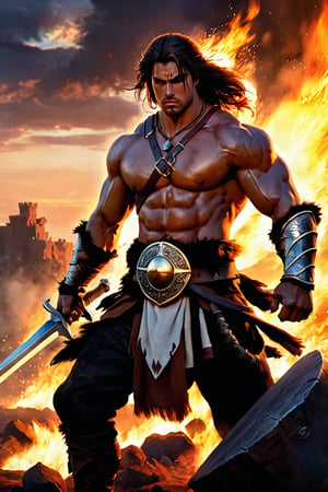 full shot of a Barbarian male warrior, wind, dust, fire, at the battlefield, sunset lights, 
The art of Waterhouse, Repin, WOLP, Artgerm, (90's anime style),women