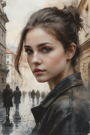 masterpiece, close-up, portrait, girl, old street Prague von,  8k digital art, buffalo painting, neoclassicism, watercolor, trends of art stations, sharp focus, studio photo, intricate details, II Midjourney style Artherm, Jeremy Mann, Mark Simonetti, Greg Rutkowski, Mandy Disher.