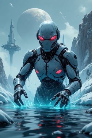 illustration, cartoon, anime, manga, drawing, 
score_4_up, score_9, score_8_up, score_7_up, score_6_up, 7_up, score_6_up, 
"Create a high-resolution digital painting of an advanced robotic figure emerging dynamically from icy waters on an alien planet. The robot has a streamlined, futuristic design with exposed hydraulics and armor plating, glowing red eyes, and articulated fingers reaching out towards the viewer. The backdrop features a massive celestial body hanging low in the sky, with a distant, complex space station orbiting it. The scene is illuminated by a surreal, icy blue light that reflects off the water and ice, enhancing the cold, otherworldly atmosphere."

