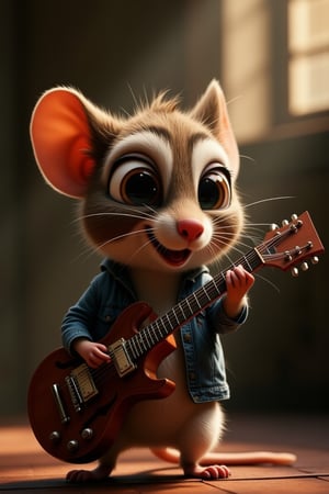 ffunny animals, cinematic style, high fidelity, realism, chiaroscuro, play of shadow and light, rays of light.
cute and funny mouse with bulging eyes and a stupid smile plays the guitar