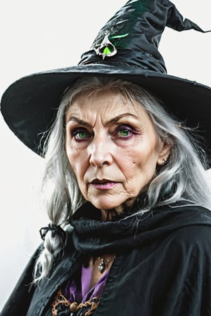 witch style , horrifying style , Realistic style , a masterpiece by Anato Finnstark , An old witch , A body full of wrinkles , the witch wearing witch hat , witch body , very detailed and clear body , amazing face , old face , witch face , amazing eyes , witch eyes , Green eyes , amazing skin , Skin full of wrinkles , big nose , witch nose , white hair , amazing hair , old witch clothes , amazing clothes , amazing colors , colorful colors , charming colors , very detailed and beautiful colors , amazing background , charming background , very detailed and beautiful background , very high-resolution picture 
