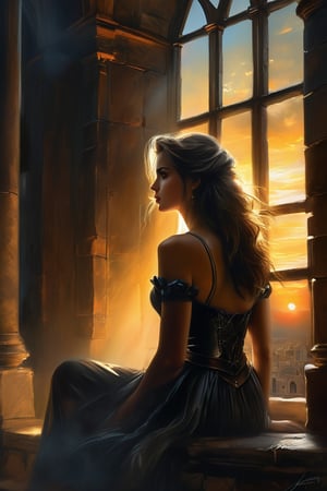 concept art, wide angle, side view, dark fantasy style, painting depicting a young woman sitting in her castle at sunset in the evening and holding the audience. The room is dusty and rays of light cut through the darkness, creating a gloomy atmosphere. A young woman watches the siege of a city from the window of her castle, her expression both powerful and pensive.
Anna Razumovskaya, Casey Baugh, Antonio Mora, Aminola Rezai, Giovanni Boldini, art,#Pastel, #drawing with dry chalk, #crayo