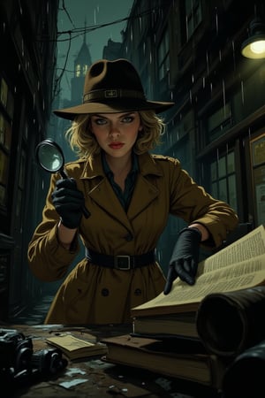 illustration, cartoon, anime, manga, drawing, 
score_4_up, score_9, score_8_up, score_7_up, score_6_up, 7_up, score_6_up, 
1940s film noir style female detective, Raincoat, Felt hat, Gloves, Holding magnifying glass, Examining evidence, Detective novel in background, Dimly lit room, Shadows, Smoke, Rainy night, City alley, Leica III camera, High contrast, Grainy film.

