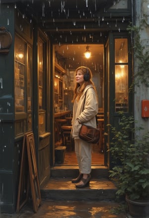 watercolor, wet on wet, paintstreaks, watercolor painting, Cinematic style
An American manga-style illustration with a retro 1990s aesthetic. The scene features a calm and serene K-pop idol with long, side-parted brown hair and oversized vintage headphones. She's leaning against the entrance of a cozy, dimly lit cafe, with soft lighting coming through, creating a peaceful atmosphere on a rainy day. The idol has a gentle smile, and her pose reflects a sorrowful mood.